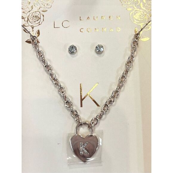 Lauren Conrad “K” Initial Heart & Rhinestone Necklace & Post Earring Set New Dam - Picture 1 of 4